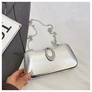 Detail of silver evening bag featuring rhinestone oval buckle and metal chain strap