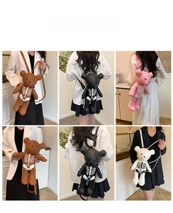 Collage of model wearing gothic skeleton teddy bear backpacks in four diverse colors