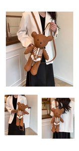 Detailed view of brown skeleton bear backpack with unique bone print and stitch details