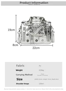 Size chart showing silver motorcycle jacket crossbody bag dimensions 22x19x8cm