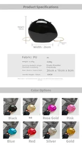 Detailed size specifications and 8-color matrix for metallic oval evening clutch bags