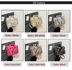 Motorcycle jacket crossbody bag in white, beige, silver, rose red, gold, and black