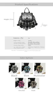 Detailed size chart for leopard print PU leather backpack with dimensions and material specs