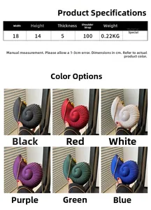 Macro detail showing snail-shaped clutch bags in six colors with 18x14x5cm dimensions