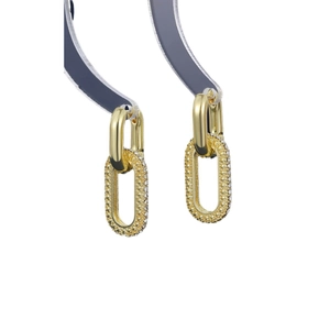 Gold double-loop chain earrings with pave crystal oval ring and polished geometric design