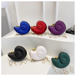 Detailed collection of acrylic seashell clutch bags in six colors with spiral textures