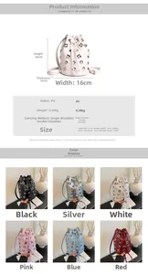 Detailed spec chart for metallic eyelet bucket bag showing size 20x16cm and weight 0.28kg