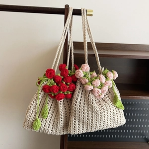 Handmade crochet tote bag with 3D red and pink rose floral decor for summer beach