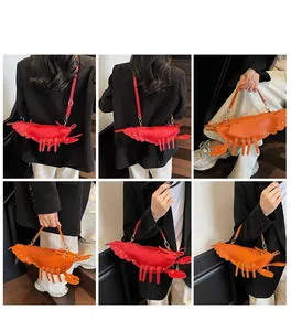 Detail shots of unique lobster-shaped shoulder bag in vibrant red and orange colors
