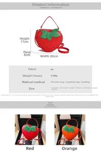 Détails du sac à main fraise indiquant les dimensions de 20 cm et un poids de 0,26 kg