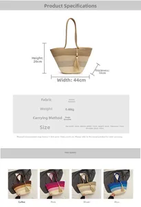 Detailed size chart of large woven tote bag with fringe and color gradient design
