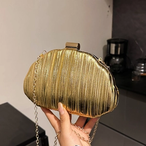 Metallic Pleated Evening Clutch Bag Shell Shaped Purse With Chain Strap For Party Wedding Elegant Women