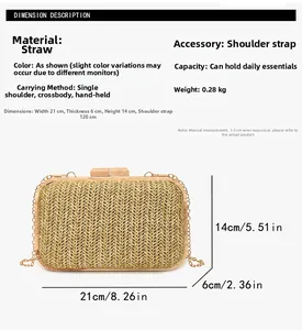 Detail view of woven straw clutch with wooden frame and dimensions for shoulder carry