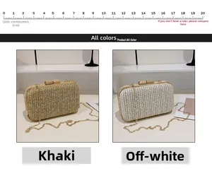 Close-up of woven straw evening clutch with wooden frame and golden chain strap