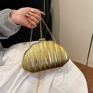 Elegant gold pleated shell evening clutch bag with chain strap for 2025 fashion