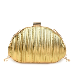 Metallic gold shell clutch bag with pleated texture and gold chain for evening parties