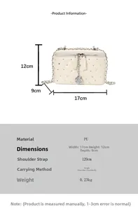 Detail showing dimensions of white quilted shoulder bag with rose charm and crystal decor