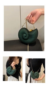 Detailed close-up showing the spiraled texture and gold metal chain of the shell-shaped bag