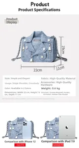 Detailed size and structure of denim jacket crossbody bag with 22x19x11cm dimensions
