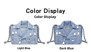 Comparison of light blue and dark blue denim jacket-style bags with metal chain straps