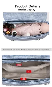 Detail view of denim handbag interior featuring zipper pocket and main compartment space