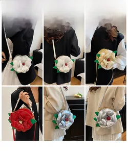 Detailed views of floral evening bags with 3D petals, pearl chains, and various color options