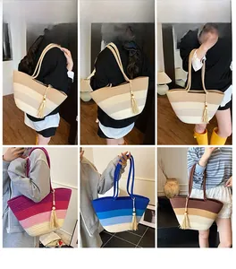 Detailed views of multi-color woven tote bags with tassels and gradient striped patterns