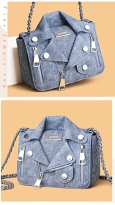 Detail of denim jacket style small square bag with metallic rivets and chain strap