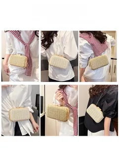Multiple ways to wear beige woven straw clutch bag with gold chain strap for summer