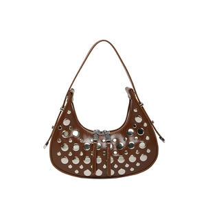 Retro brown crescent hobo bag with silver stud accents and adjustable shoulder strap