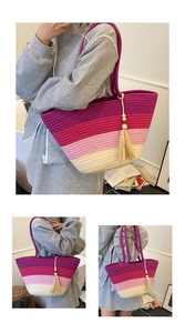Detail of color-block woven tote with stylish tassels and wood bead decorations