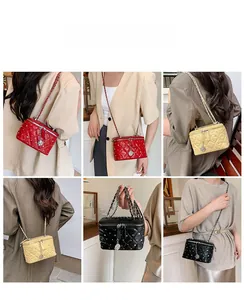 Quilted box bags with chain straps and coin charms shown in red, yellow, and black colors