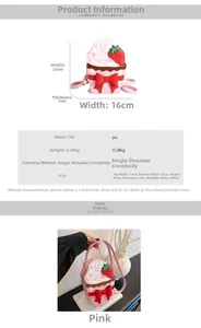 Pink cupcake-shaped bag with red bow and strawberry embroidery, detailed dimensions and texture