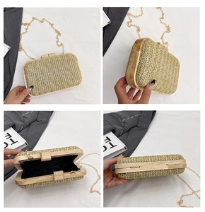Detail shots of straw evening bag with wooden frame, gold chain strap and black lining