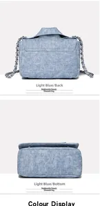 Detail view of the stitching and bottom structure on a blue denim crossbody bag