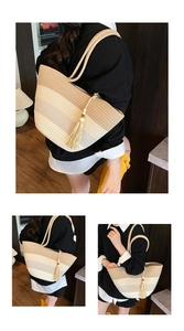 Macro detail of hand-woven tote bag with three-color gradient and wooden bead tassel