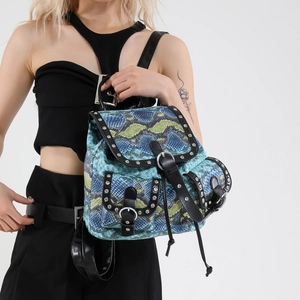 Blue snake skin mini backpack with silver rivets and metal buckles for women