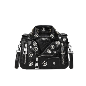 Retro black biker jacket crossbody bag with daisy rivets and polished silver hardware