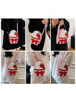 Detailed views of creative strawberry cupcake crossbody bag worn on a chain strap