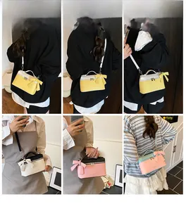 Detailed views of crossbody box bag with bow tie and detachable strap in various colors