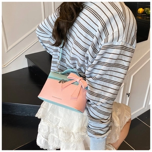 Detailed view of pink and mint green box bag with bow knot on a model shoulder