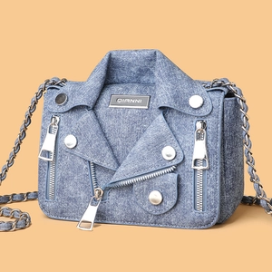 Women Denim Crossbody Bag Moto Jacket Style Rivet Decor Metal Chain Shoulder Bag Small Square Handbag Trendy