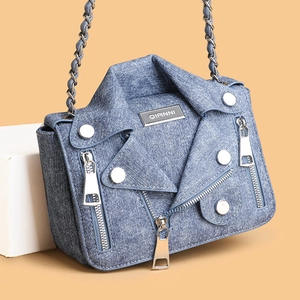 Fashionable blue denim crossbody bag with motorcycle jacket design and metal chain strap