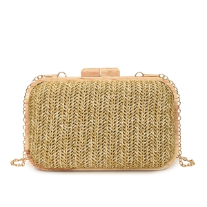 Chic woven straw evening bag with wooden frame and golden chain strap for women