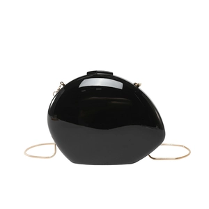 Glossy black oval acrylic evening clutch bag with gold snake chain for formal parties