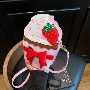 Cupcake Shaped Crossbody Bag PU Leather Sweet Strawberry Bow Decor Novelty Shoulder Purse For Women Girls