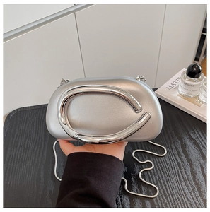 Detail of silver acrylic hard shell handbag with large C-shaped metal handle and chain