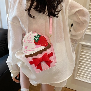 Sweet strawberry cupcake crossbody bag with pink bow for women, trendy 2025 aesthetic