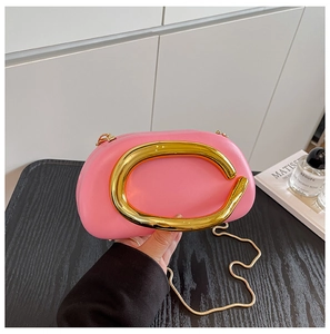 Close-up of pink clutch featuring a large golden C-shaped handle and fine metal chain strap