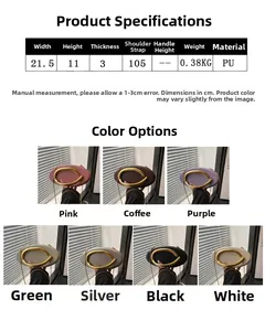 Size chart for oval evening bag showing dimensions 21.5x11x3cm and seven colors